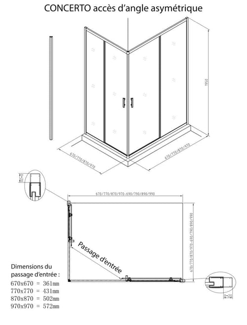 Paroi douche et bain  -  Paroi de douche Alterna Concerto accès en angle un côté réversible longueur 70 cm profilé blanc verre transparent ALTERNA