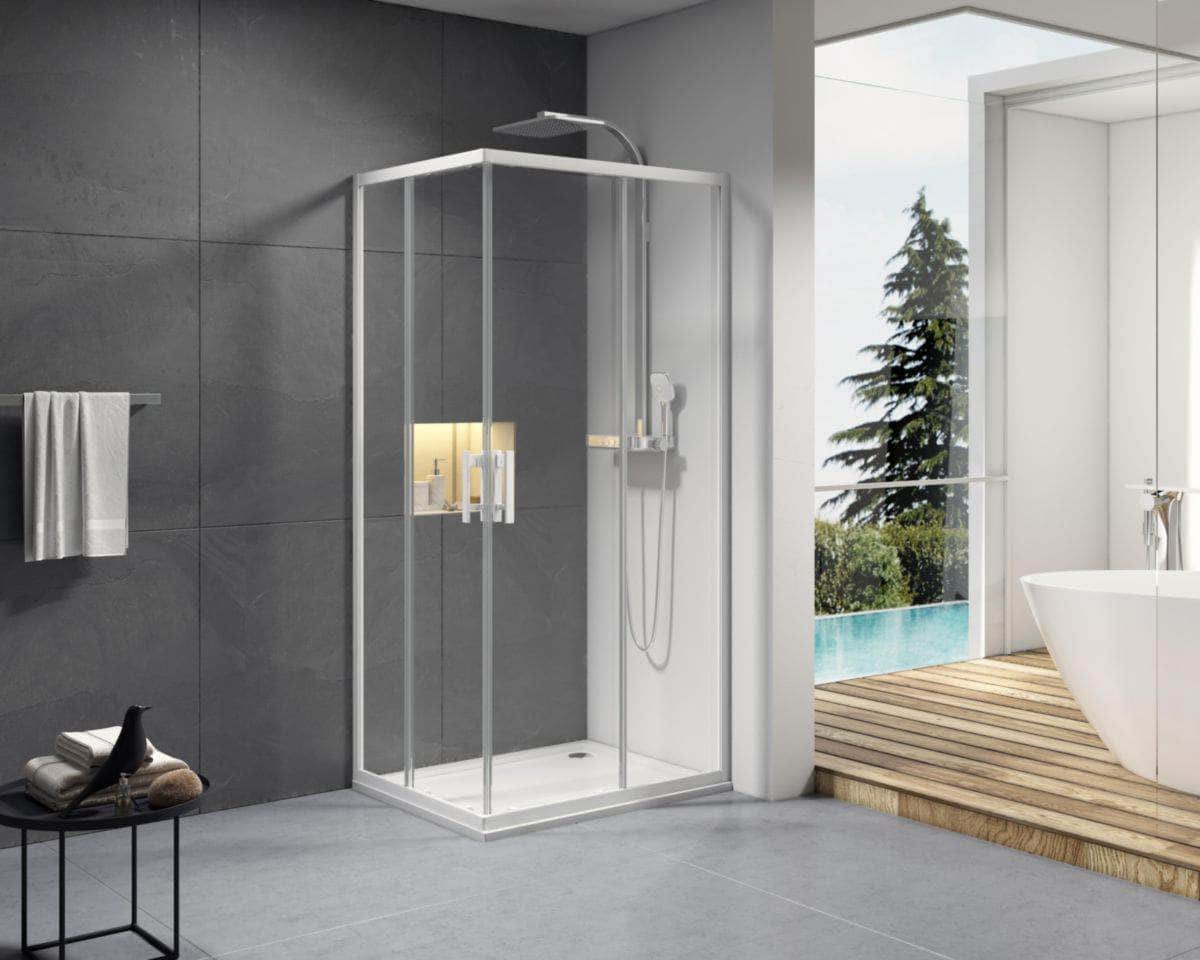 Paroi douche et bain  -  Paroi de douche Alterna Concerto accès en angle un côté réversible longueur 90 cm profilé blanc verre transparent