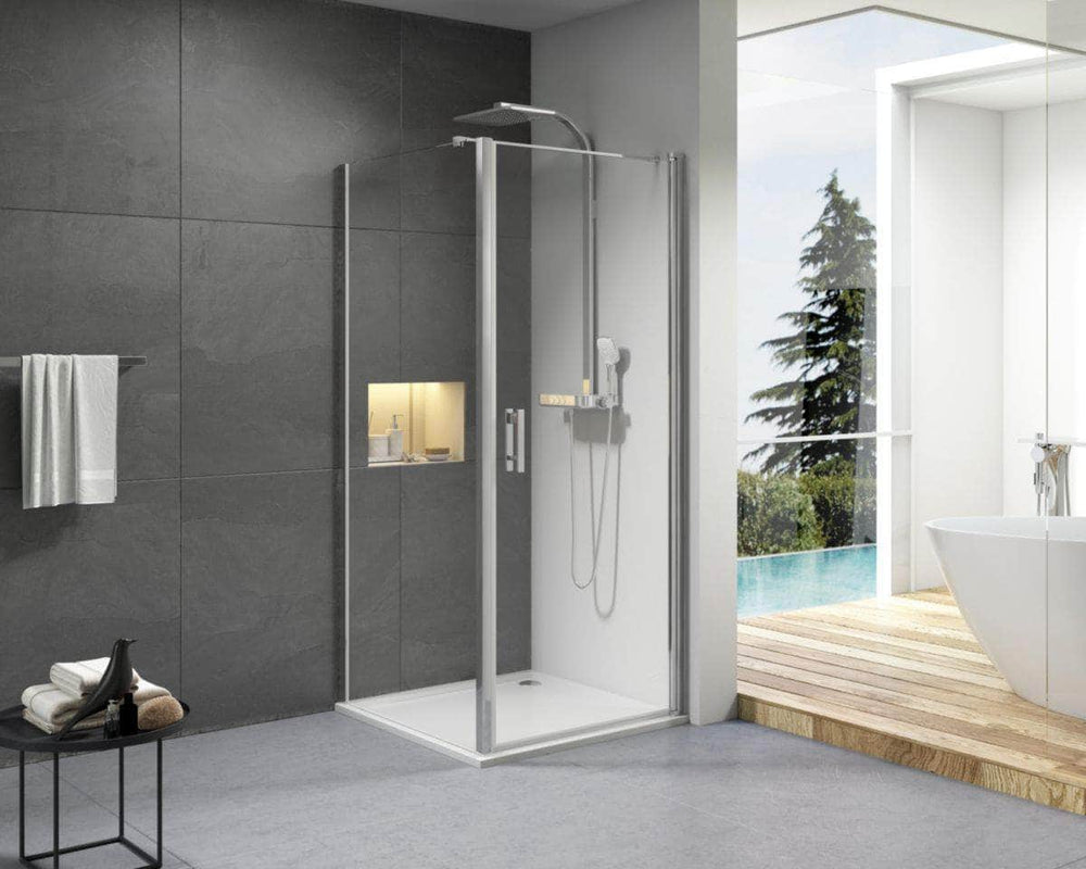Paroi douche et bain  -  Paroi de douche Alterna Concerto porte pivotante ouverture totale 100 cm profilé argent brillant verre transparent ALTERNA