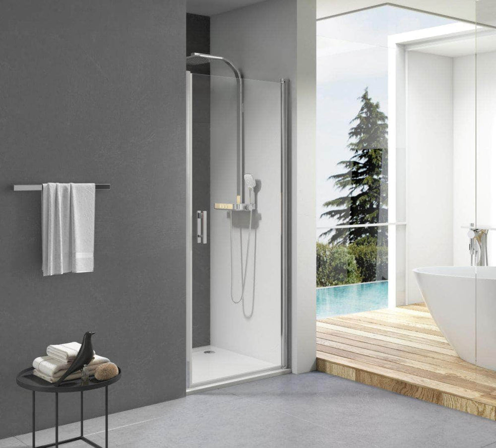 Paroi douche et bain  -  Paroi de douche Alterna Concerto porte pivotante ouverture totale 100 cm profilé argent brillant verre transparent ALTERNA