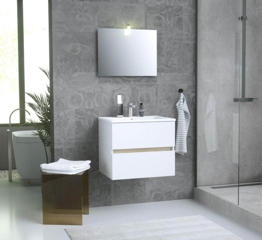 Meuble sanitaires  -  Meuble de salle de bain sous vasque PRIMEO KIT 60 cm Blanc/Bois, à monter, avec miroir et spot ALTERNA