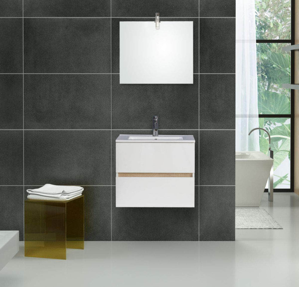 Meuble sanitaires  -  Meuble de salle de bain sous vasque PRIMEO KIT 60 cm Blanc/Bois, à monter, avec miroir et spot ALTERNA