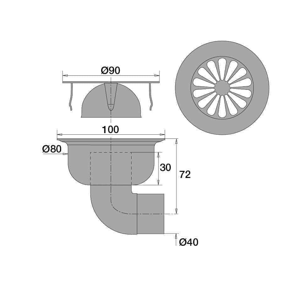 Douche  -  Siphon de sol 100x100 inox cloche de 90 évacuation diam 38 sortie horizontale 46010000000