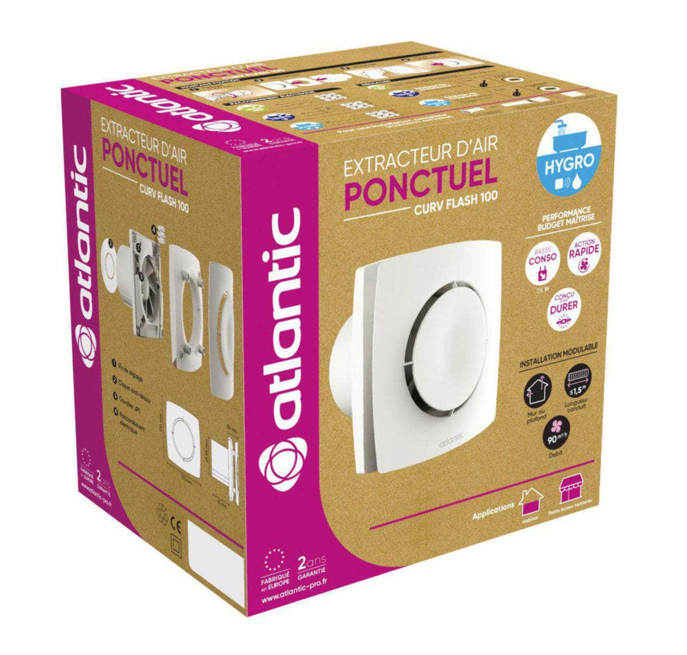 WC  -  Extracteur individuel CURV Flash 100 i pour salle de bains ou WC - diamètre 100 mm - débits 90 m3/h Réf. 123242 ATLANTIC CLIMATISATION VENTILATION (déclassé)