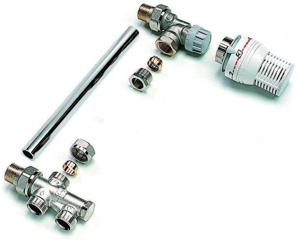 Divers sanitaires  -  Combiné thermostatique bitube M22 sortie verticale + corps équerre inverse M28 1/2 réf. 534004 COMAP