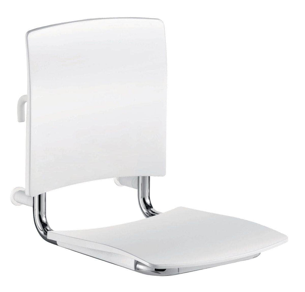 Siège de douche inox à accrocher, assise et dosseret grand confort nylon HR brillant blanc réf. 510300