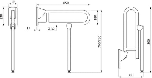 Douche  -  Barre relevable avec béquille D 32 L 650 inox poli brillant réf. 510162P DELABIE