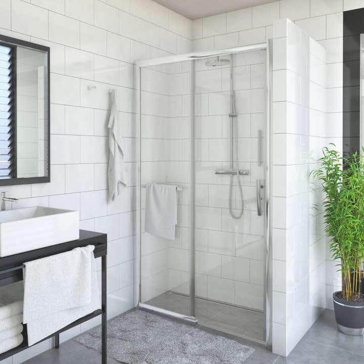 Paroi douche et bain  -  Porte de douche coulissante grande largeur 2 éléments sans seuil (1 coulissant et 1 fixe à gauche), EQUI, largeur 1200 mm, hauteur 2000 mm, profilé argent poli, verre Clair traité Anticalcaire Réf. EID2L12020VPE ROTH