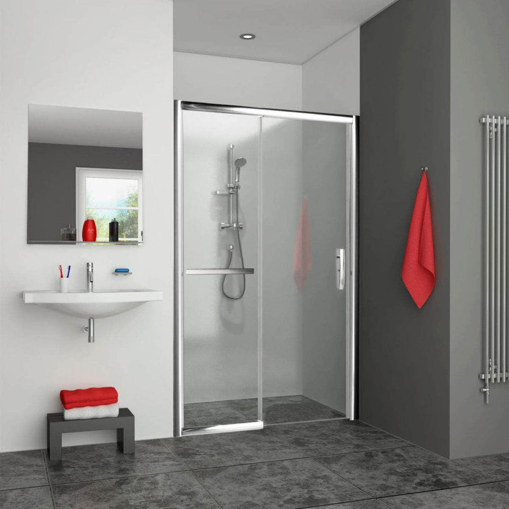 Paroi douche et bain  -  Porte de douche coulissante grande largeur 2 éléments sans seuil (1 coulissant et 1 fixe à gauche), EQUI, largeur 1200 mm, hauteur 2000 mm, profilé argent poli, verre Clair traité Anticalcaire Réf. EID2L12020VPE ROTH