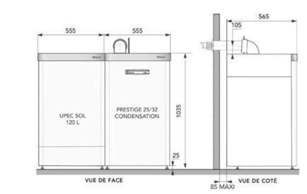 Préparateur eau chaude UPEC 120 L sol cote à cote inox (comporte de série tous les accessoires de raccordement à une chaudière en configuration horizontale pour former un ensemble homogène) réf. F3AA41066 FRISQUET
