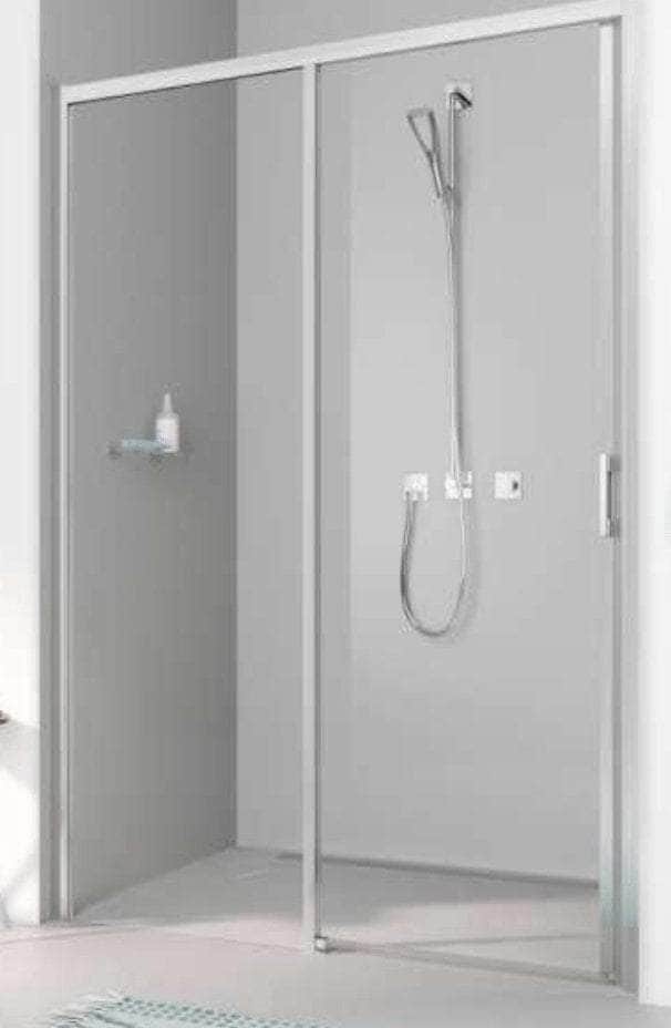 Porte coulissante grande largeur 2 éléments (1 coulissant et 1 fixe à gauche) LIGA D2 L hauteur 2 m largeur 140 cm profilé argent poli verre transparent L ID2 L 14020VPR/ Réf. 1403030565
