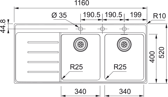 Lavabo  -  Évier inox FRANKE MYTHOS MYX 221 à encastrer 1160 x 520 mm, égouttoir à gauche