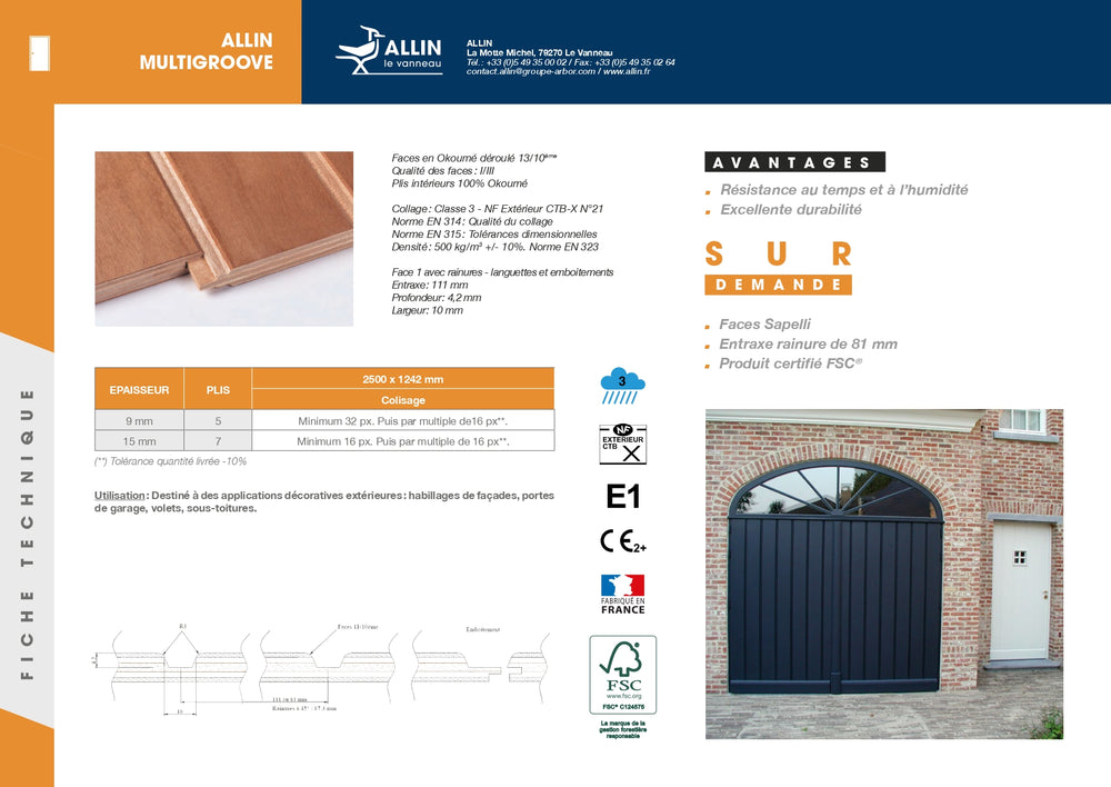 Contreplaqué Extérieur Okoumé CTBX Rainure-Languette Multigroove - 2500 x 1242 x 9 mm (défaut visuel)