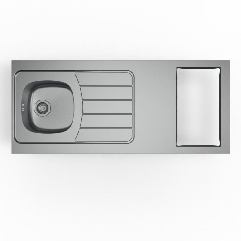 Evier cuisinette ISEO 1 cuve soudée, en inox TOILE, découpe pour domino, bonde à panier chromé Ø90mm, vidage manuel complet avec raccord lave-vaisselle et siphon fournis réf : CPBD140G30 MODERNA