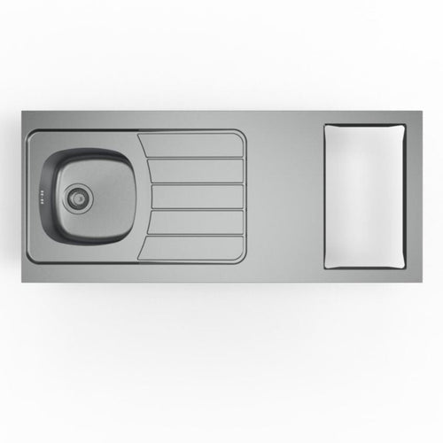 Evier cuisinette ISEO 1 cuve soudée, en inox TOILE, découpe pour domino, bonde à panier chromé Ø90mm, vidage manuel complet avec raccord lave-vaisselle et siphon fournis réf : CPBD140G30 MODERNA