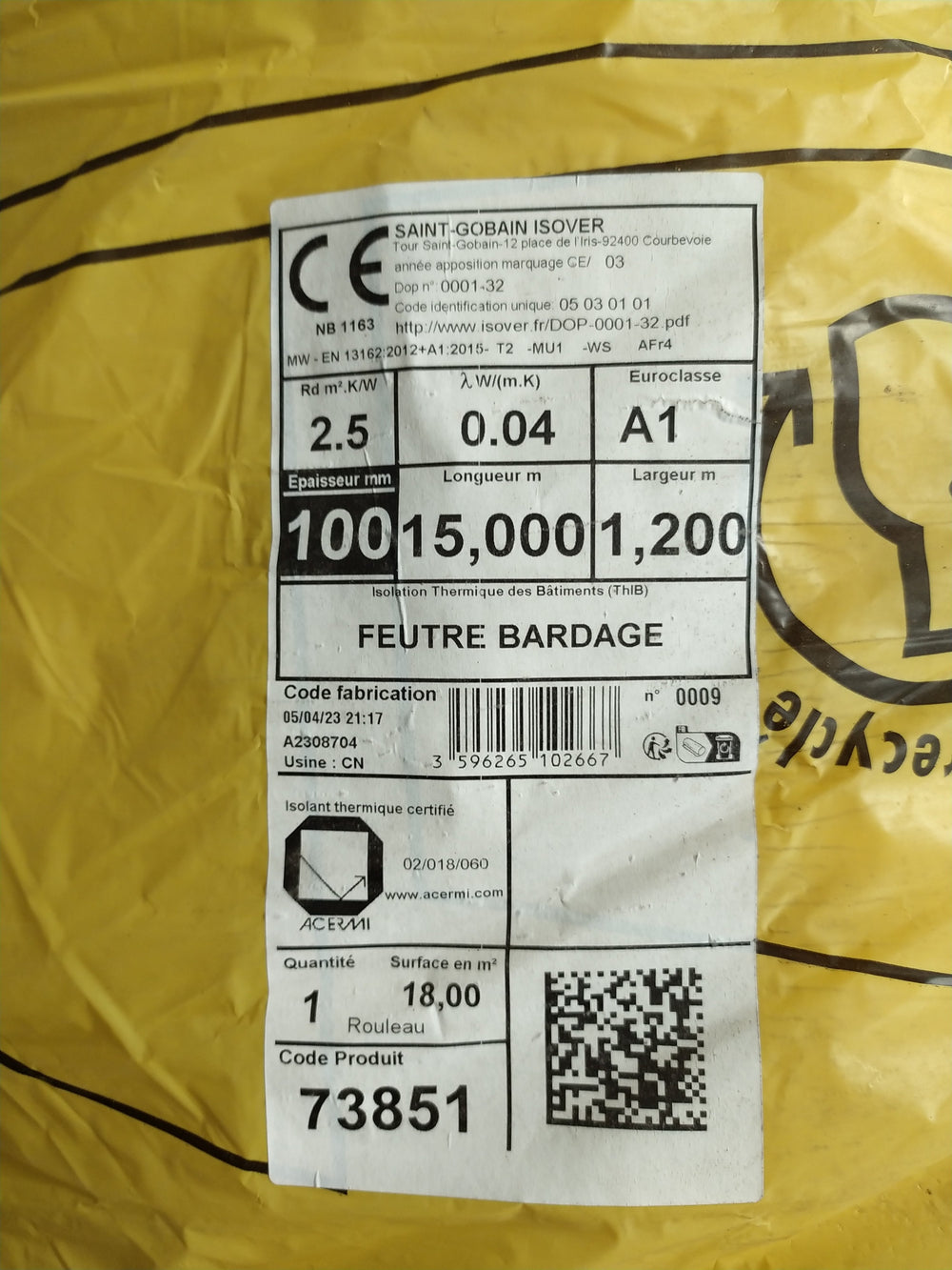 Feutre bardage rouleau - Ep=100mm - 15000x1200