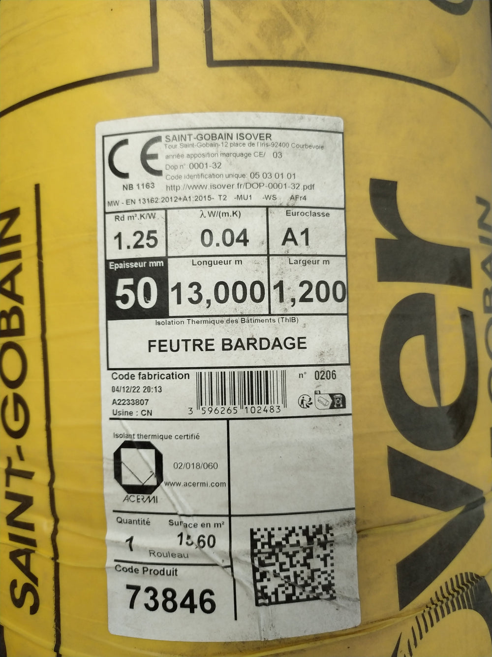 Feutre bardage rouleau - Ep=50mm - 13000x1200