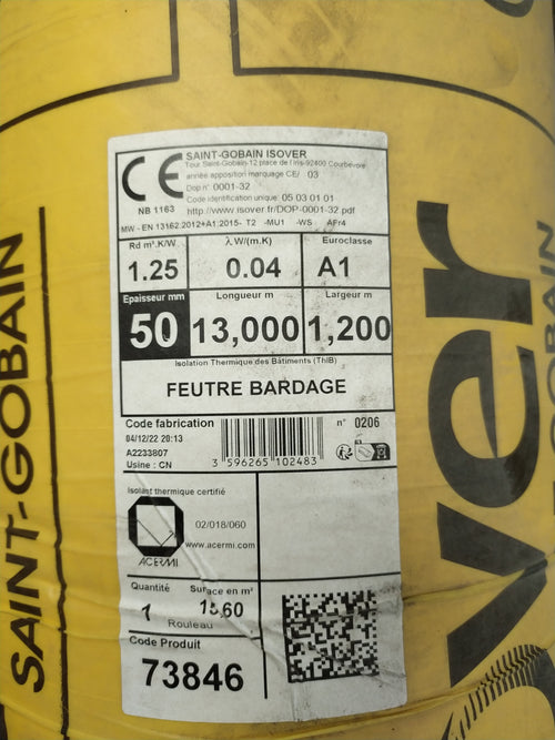 Feutre bardage rouleau - Ep=50mm - 13000x1200