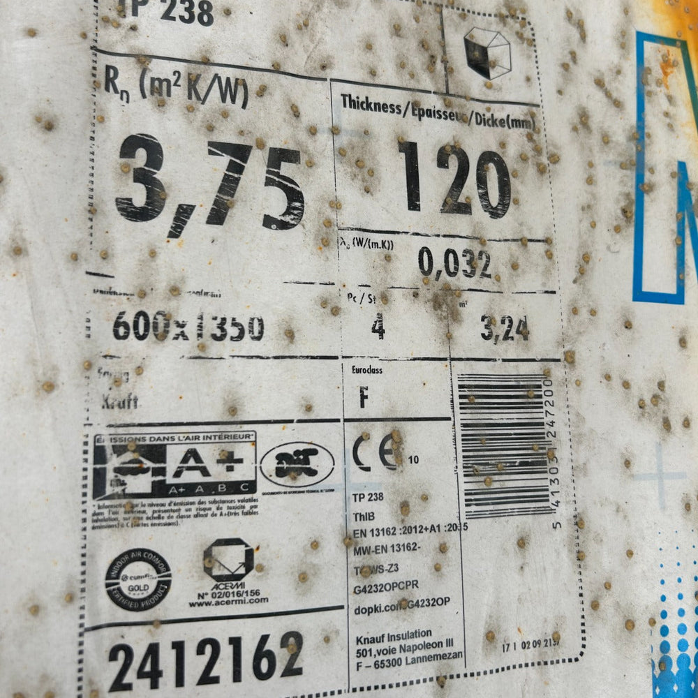 Isolant laine de verre TP238 Ecose - Knauf (4 unité par paquet) - R=3.75 - Ep=120mm - 1350 x 600