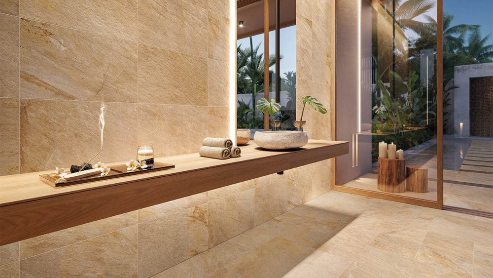 Carrelage extérieur grès cérame rectifié structuré couleur Gold - gamme Zephyr ref J824 - 60x60cm - Ep= 20mm - Novoceram