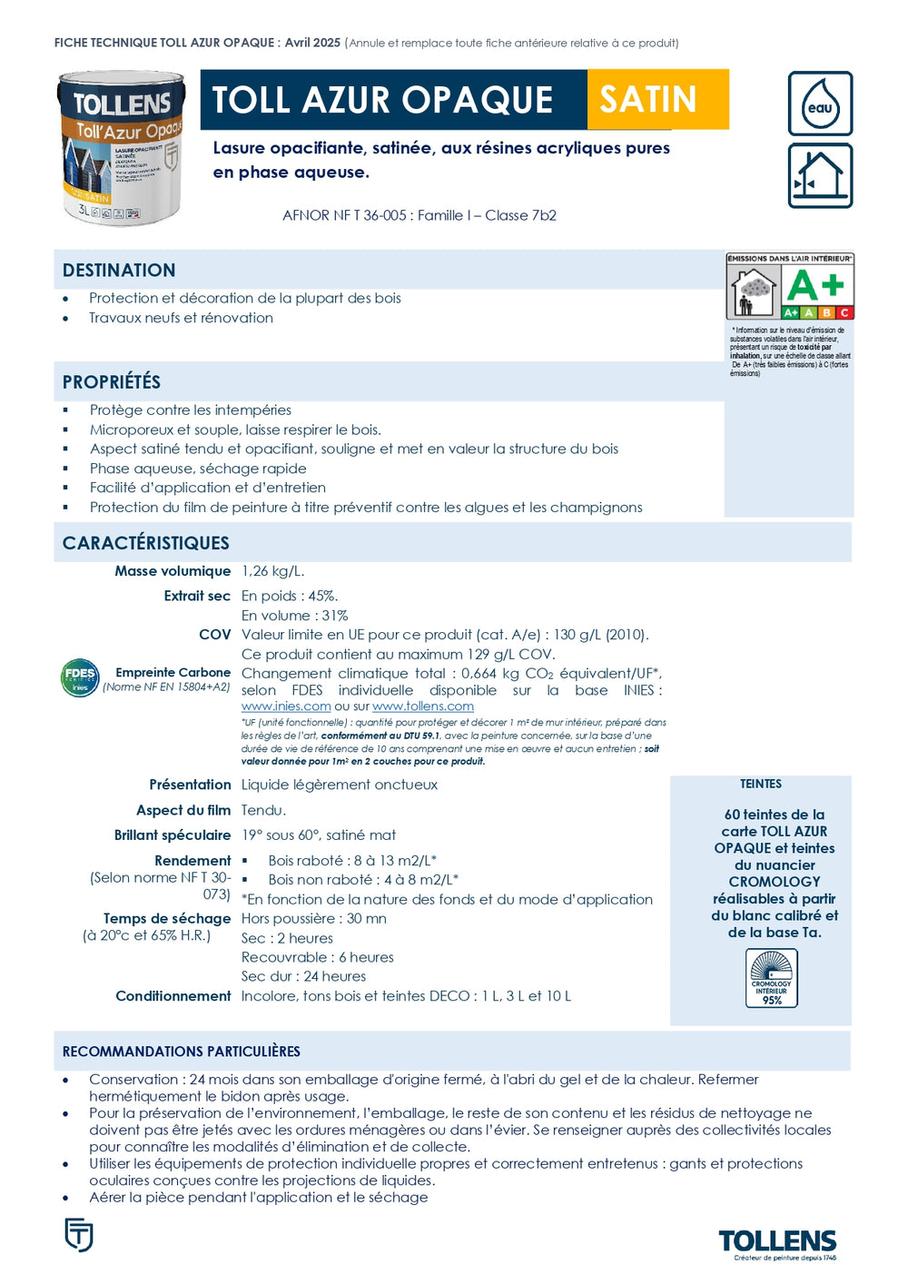 Lasure Tollens Azur Opaque Blanc 3 Litres