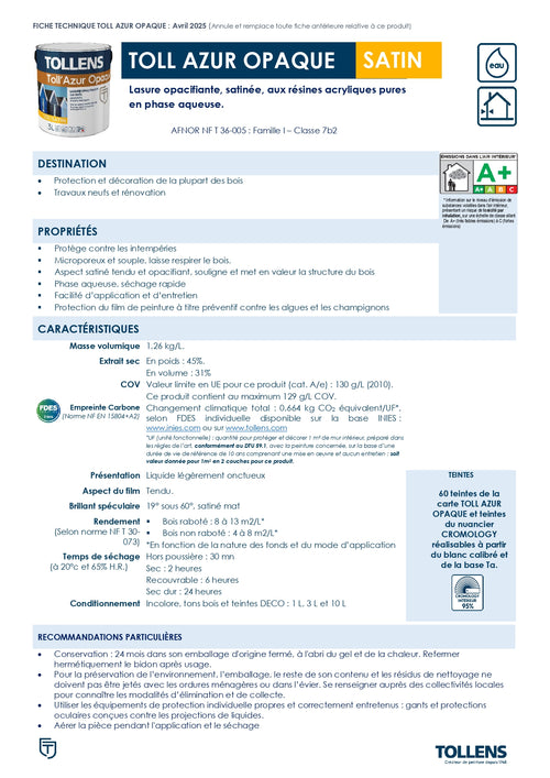 Lasure Tollens Azur Opaque Blanc 3 Litres