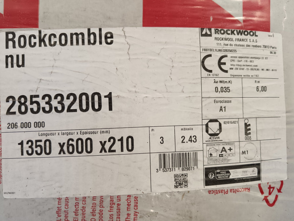 Isolant laine de roche - 1350 x 600 x 210 mm - ROCKWOOL (gamme Rockcomble nu) 2,43 m² par ballot