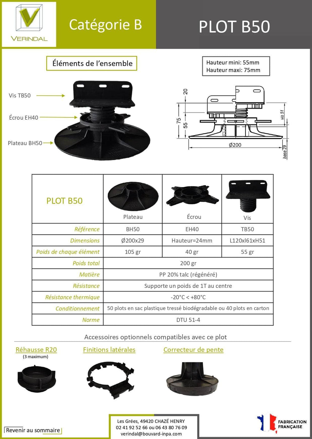 Plot terrasse bois réglable de 55 à 75 mm - B50 - Vérindal