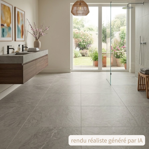 Carrelage extérieur grès cérame structuré antidérapant rectifié effet Pierre - Gamme Kobe ref F845 - 60x60cm - Ep= 20mm - Novoceram