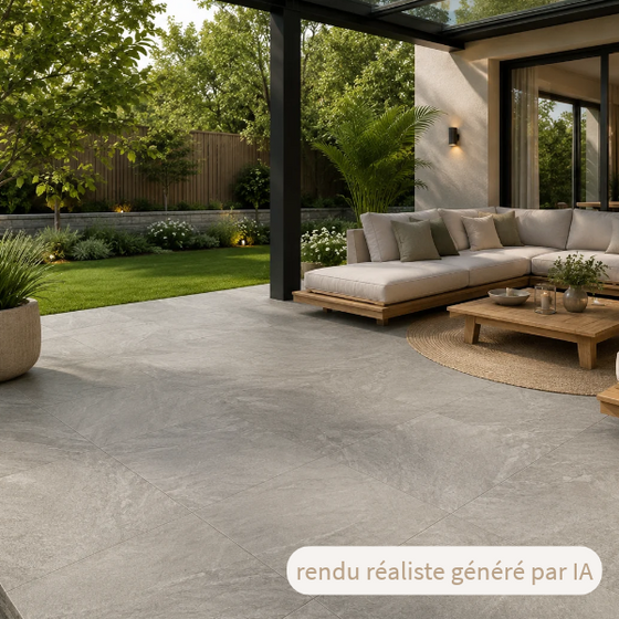 Carrelage extérieur grès cérame structuré antidérapant rectifié effet Pierre - Gamme Kobe ref F845 - 60x60cm - Ep= 20mm - Novoceram