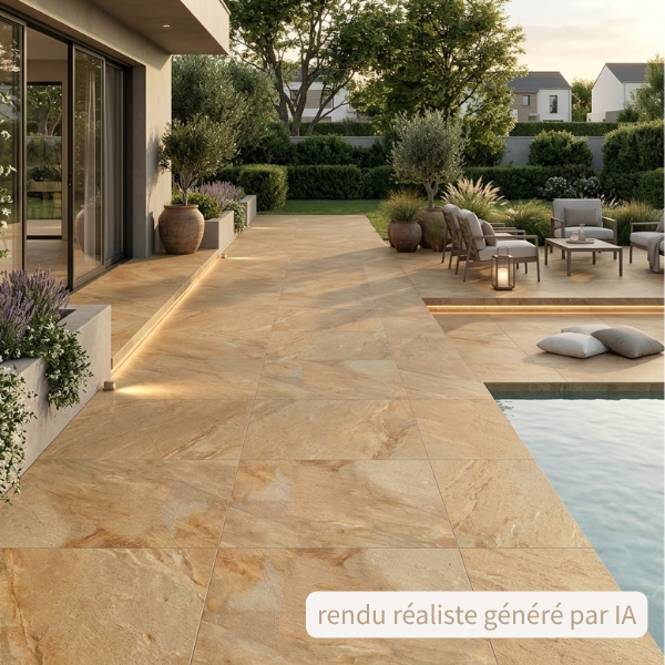 Carrelage extérieur grès cérame rectifié structuré couleur Gold - gamme Zephyr ref J824 - 60x60cm - Ep= 20mm - Novoceram