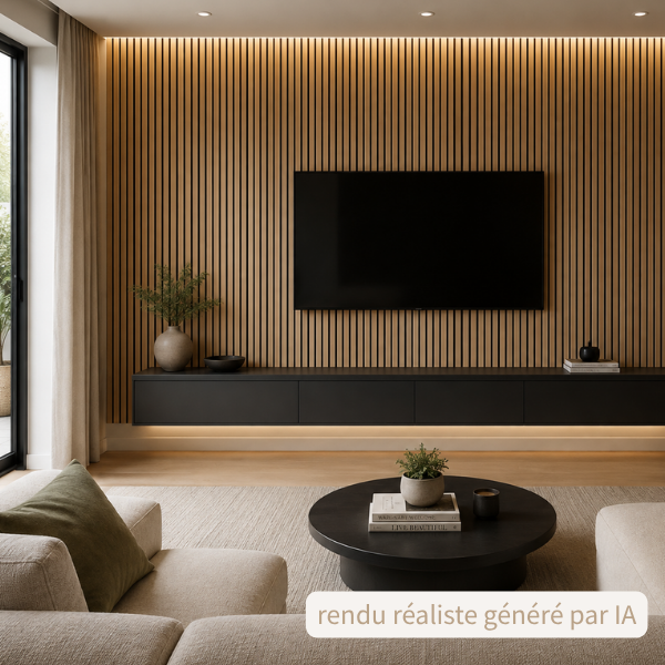 Panneau acoustique tasseau MDF décor chêne clair 2440 x 600 x 18mm - feutrine 9mm (1 unité)