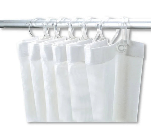 Rideau de douche avec 12 mousquetons plastique, hauteur 2 m, largeur 1,80 m, PVC blanc réf. 1386 DELABIE