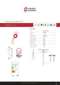 Suspension béton blanc douille E27 + Pavillon blanc + Câble textile rouge L.2m - 60W
