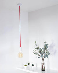 Suspension béton blanc douille E27 + Pavillon blanc + Câble textile rouge L.2m - 60W