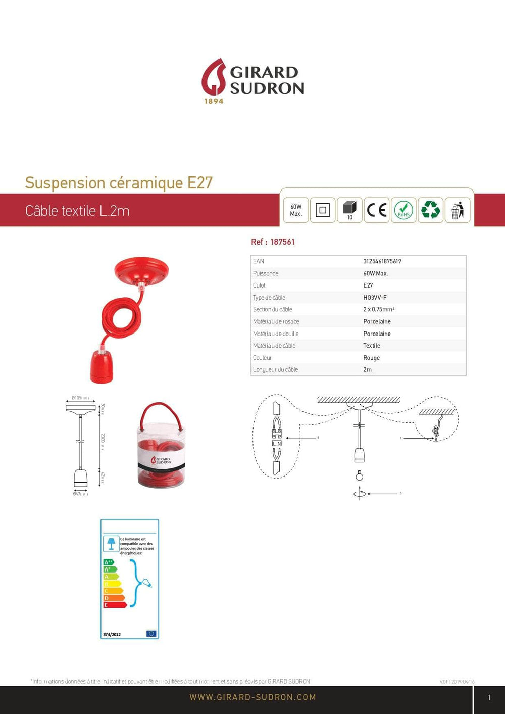 Suspension céramique rouge douille E27 + Pavillon Rouge + Câble textile rouge L.2m - 60W