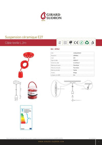 Suspension céramique rouge douille E27 + Pavillon Rouge + Câble textile rouge L.2m - 60W
